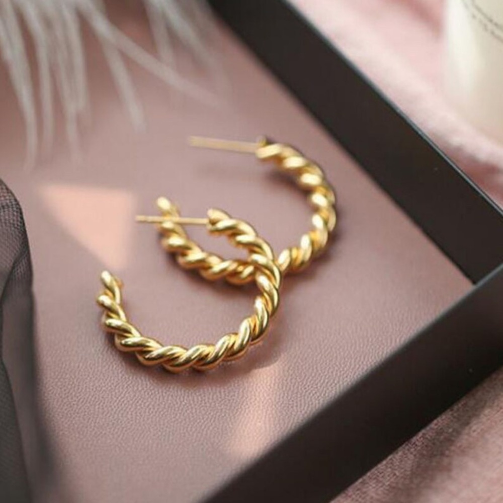 New Chunky 18k Gold Plated Sterling Silver Twisted Push Back Lux Hoop Earrings - Picture 16 of 17
